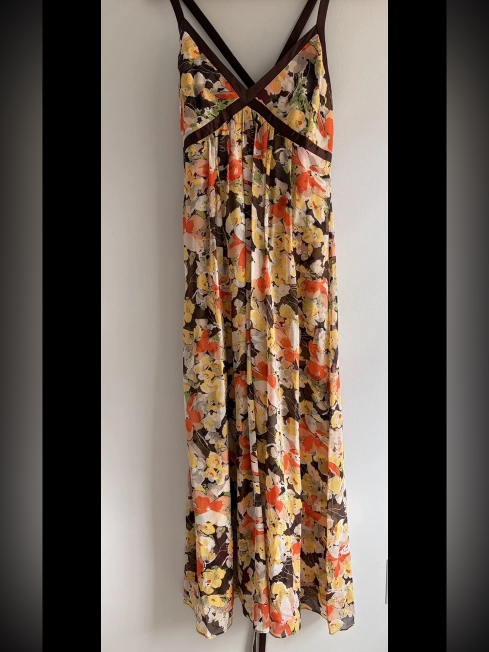 Donna Ricco SILK Maxi Dress satin lined yellow brown floral Sz 4
